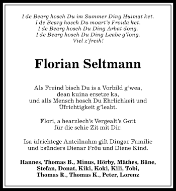 Traueranzeige von Florian Seltmann von Allgäuer Anzeigeblatt