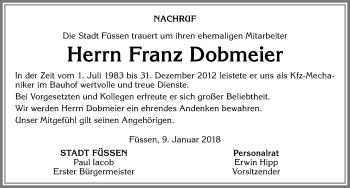 Traueranzeige von Franz Dobmeier von Allgäuer Zeitung, Füssen