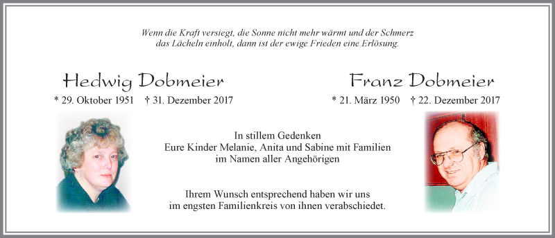  Traueranzeige für Franz Dobmeier vom 08.01.2018 aus Allgäuer Zeitung, Füssen