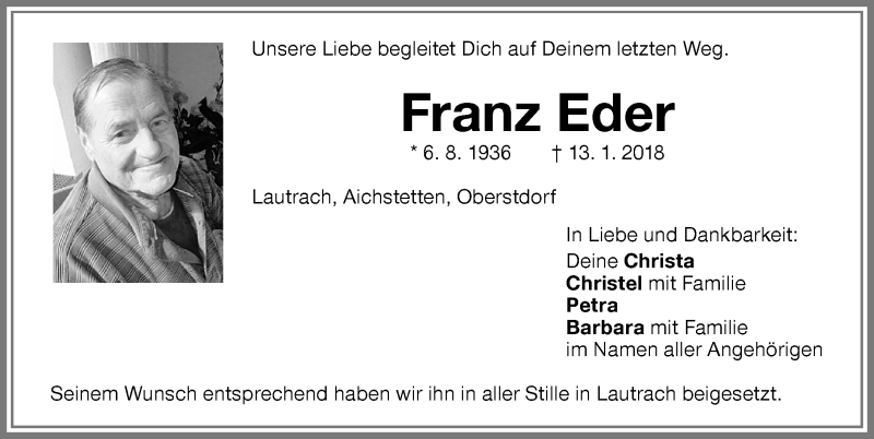  Traueranzeige für Franz Eder vom 25.01.2018 aus Memminger Zeitung