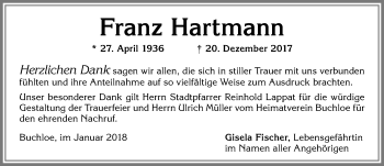 Traueranzeige von Franz Hartmann von Allgäuer Zeitung, Kaufbeuren/Buchloe