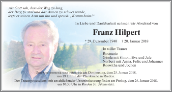 Traueranzeige von Franz Hilpert von Allgäuer Zeitung, Füssen