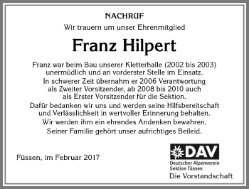 Traueranzeige von Franz Hilpert von Allgäuer Zeitung, Füssen