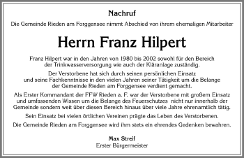 Traueranzeige von Franz Hilpert von Allgäuer Zeitung, Füssen