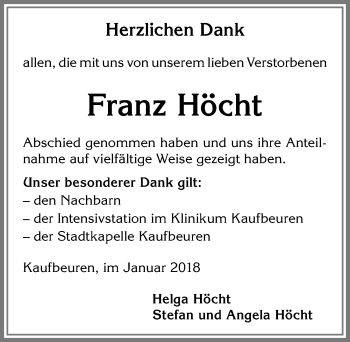 Traueranzeige von Franz Höcht von Allgäuer Zeitung, Kaufbeuren/Buchloe