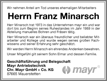 Traueranzeige von Franz Minarsch von Allgäuer Zeitung, Kaufbeuren/Buchloe