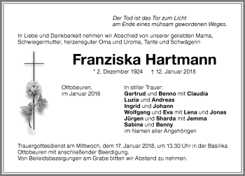 Traueranzeige von Franziska Hartmann von Memminger Zeitung