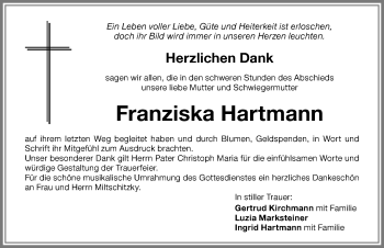 Traueranzeige von Franziska Hartmann von Memminger Zeitung