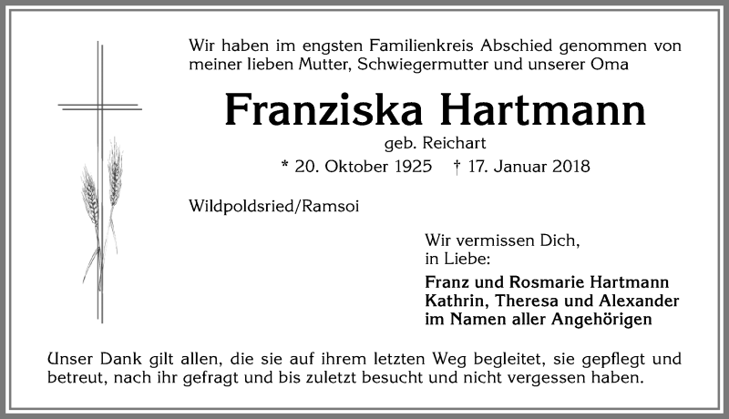  Traueranzeige für Franziska Hartmann vom 27.01.2018 aus Allgäuer Zeitung,Kempten