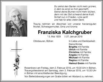 Traueranzeige von Franziska Kalchgruber von Memminger Zeitung
