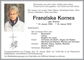 Traueranzeige von Franziska Kornes von Allgäuer Zeitung