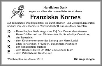 Traueranzeige von Franziska Kornes von Allgäuer Zeitung