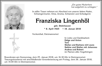 Traueranzeige von Franziska Lingenhöl von Allgäuer Zeitung,Kempten