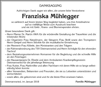 Traueranzeige von Franziska Mühlegger von Allgäuer Zeitung,Kempten