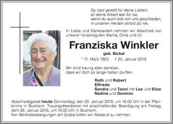 Traueranzeige von Franziska Winkler von Memminger Zeitung