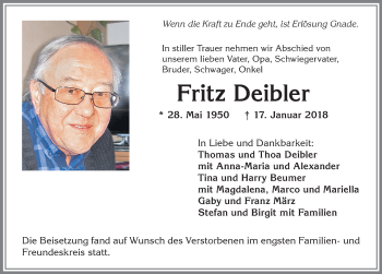 Traueranzeige von Fritz Deibler von Allgäuer Zeitung, Marktoberdorf