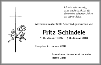 Traueranzeige von Fritz Schindele von Allgäuer Zeitung,Kempten