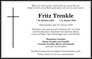 Traueranzeige von Fritz Trenkle von Allgäuer Anzeigeblatt