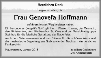 Traueranzeige von Genovefa Hoffmann von Allgäuer Zeitung, Kaufbeuren/Buchloe