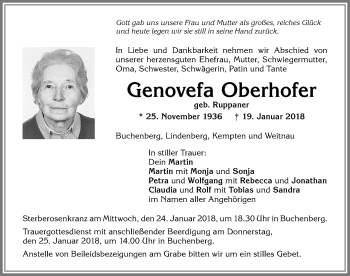 Traueranzeige von Genovefa Oberhofer von Allgäuer Zeitung,Kempten