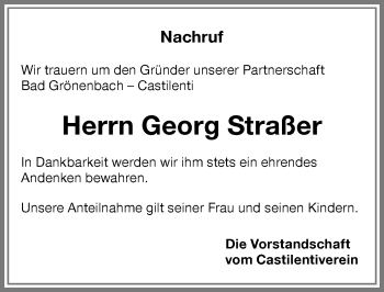 Traueranzeige von Georg Straßer von Memminger Zeitung