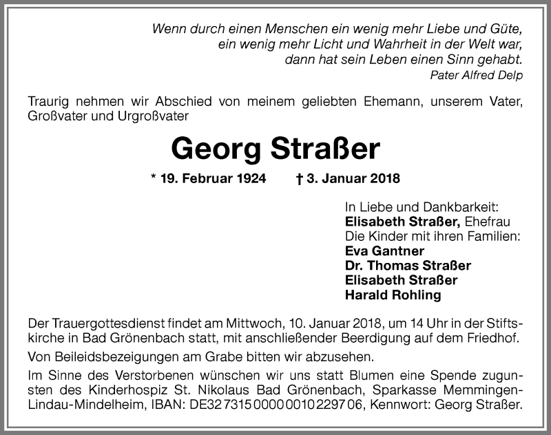  Traueranzeige für Georg Straßer vom 08.01.2018 aus Memminger Zeitung