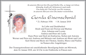 Traueranzeige von Gerda Eisenschmid von Allgäuer Zeitung, Füssen