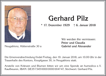 Traueranzeige von Gerhard Pilz von Allgäuer Zeitung, Kaufbeuren/Buchloe