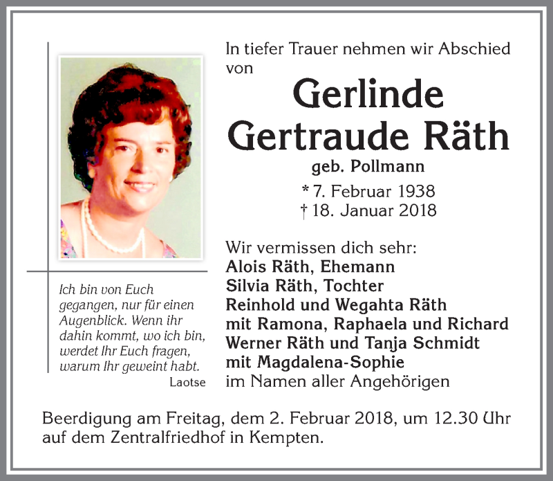  Traueranzeige für Gerlinde Gertraude Räth vom 31.01.2018 aus Allgäuer Zeitung,Kempten