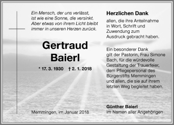 Traueranzeige von Gertraud Baierl von Memminger Zeitung