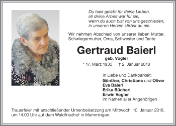 Traueranzeige von Gertraud Baierl von Memminger Zeitung