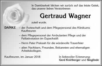 Traueranzeige von Gertraud Wagner von Allgäuer Zeitung, Kaufbeuren/Buchloe
