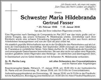 Traueranzeige von Gertrud Fasser von Allgäuer Zeitung, Kaufbeuren/Buchloe