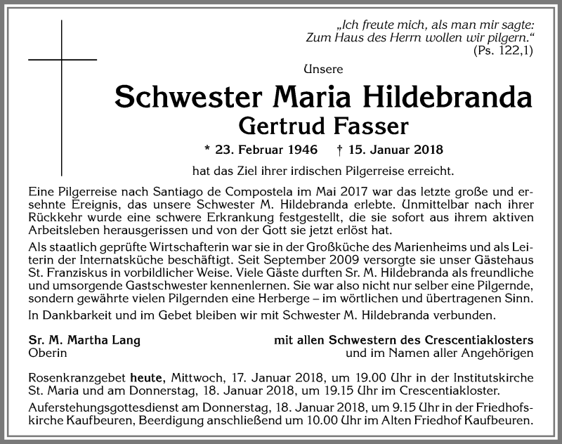  Traueranzeige für Gertrud Fasser vom 17.01.2018 aus Allgäuer Zeitung, Kaufbeuren/Buchloe