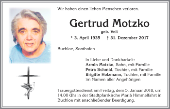 Traueranzeige von Gertrud Motzko von Allgäuer Zeitung, Kaufbeuren/Buchloe