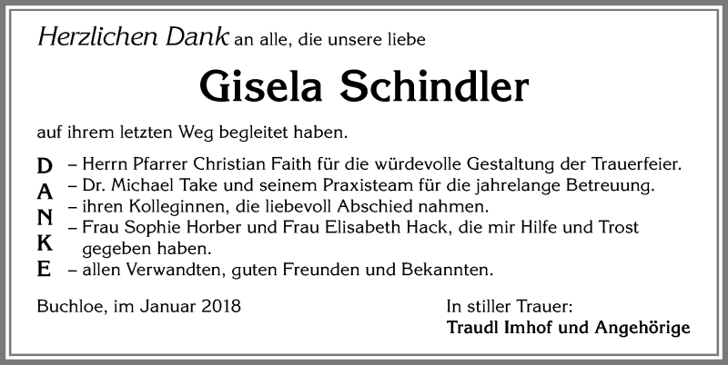  Traueranzeige für Gisela Schindler vom 24.01.2018 aus Allgäuer Zeitung, Kaufbeuren/Buchloe