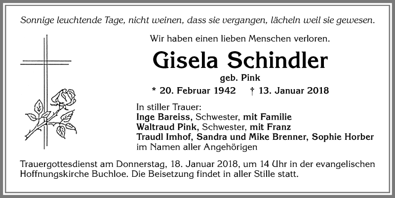  Traueranzeige für Gisela Schindler vom 17.01.2018 aus Allgäuer Zeitung, Kaufbeuren/Buchloe