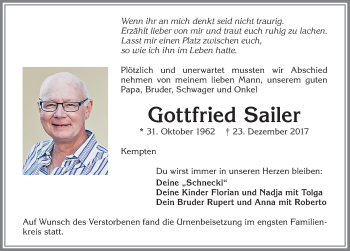 Traueranzeige von Gottfried Sailer von Allgäuer Zeitung,Kempten