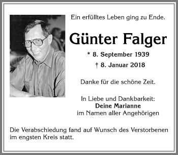 Traueranzeige von Günter Falger von Allgäuer Zeitung, Kaufbeuren/Buchloe