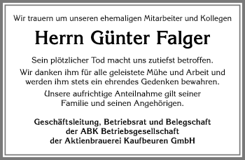 Traueranzeige von Günter Falger von Allgäuer Zeitung, Kaufbeuren/Buchloe