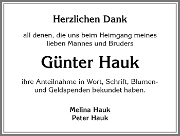 Traueranzeige von Günter Hauk von Allgäuer Zeitung,Kempten