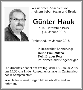 Traueranzeige von Günter Hauk von Allgäuer Zeitung,Kempten