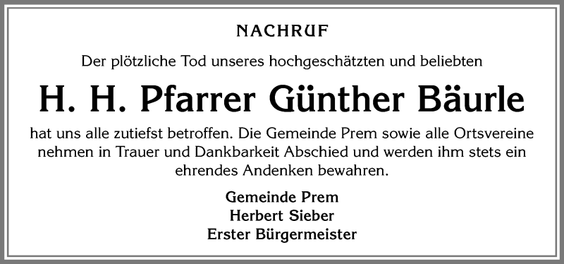  Traueranzeige für Günther Bäurle vom 03.01.2018 aus Allgäuer Zeitung, Füssen