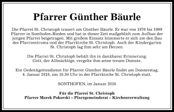 Traueranzeige von Günther Bäurle von Allgäuer Anzeigeblatt