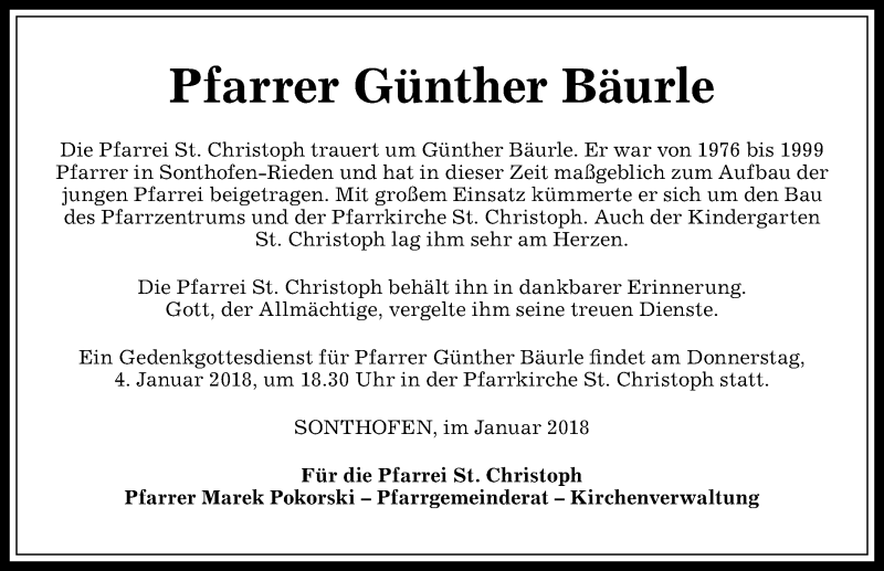  Traueranzeige für Günther Bäurle vom 03.01.2018 aus Allgäuer Anzeigeblatt