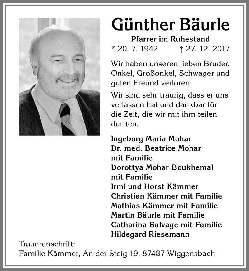  Traueranzeige für Günther Bäurle vom 02.01.2018 aus Allgäuer Zeitung,Kempten