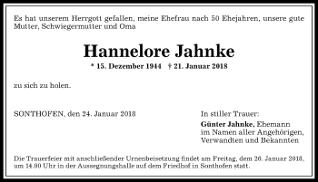 Traueranzeige von Hannelore Jahnke von Allgäuer Anzeigeblatt