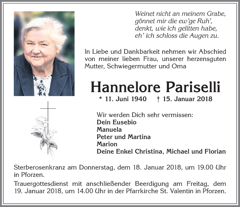  Traueranzeige für Hannelore Pariselli vom 17.01.2018 aus Allgäuer Zeitung, Kaufbeuren/Buchloe