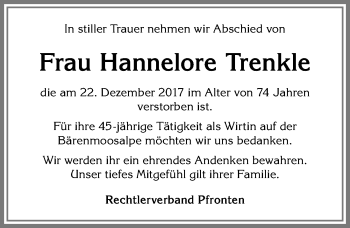 Traueranzeige von Hannelore Trenkle von Allgäuer Zeitung, Füssen