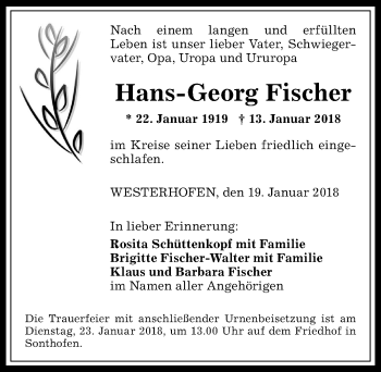 Traueranzeige von Hans-Georg Fischer von Allgäuer Anzeigeblatt
